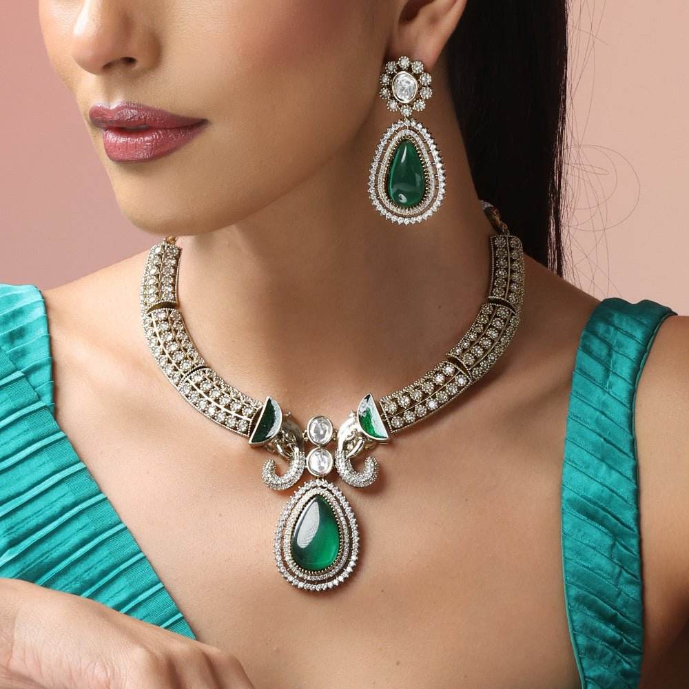 Pear Drop Emerald Diamond Look Necklace Set – Dazzling Green Stone Bridal Jewelry - Auraa Trends