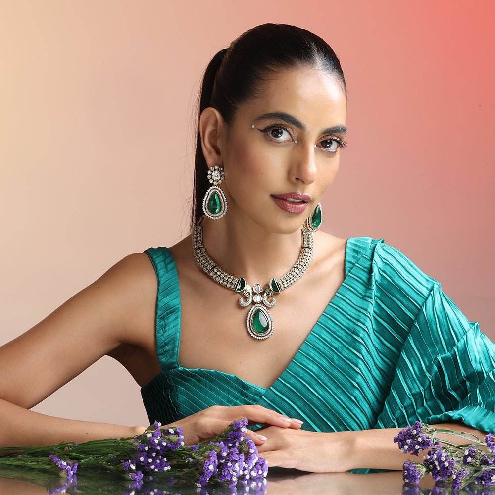 Pear Drop Emerald Diamond Look Necklace Set – Dazzling Green Stone Bridal Jewelry - Auraa Trends