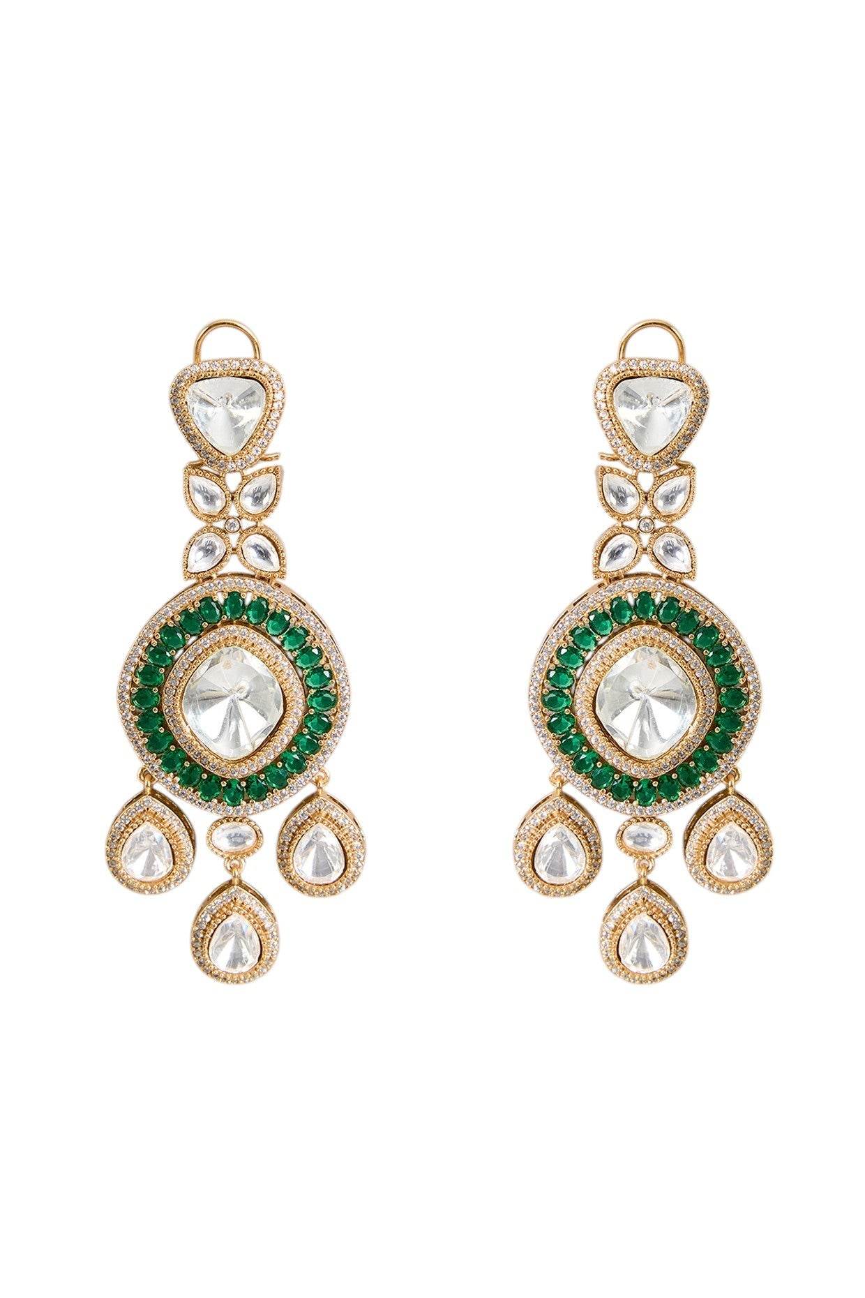 Pearl & Polki Layered Kundan Necklace Set with Green Detailing - Auraa Trends