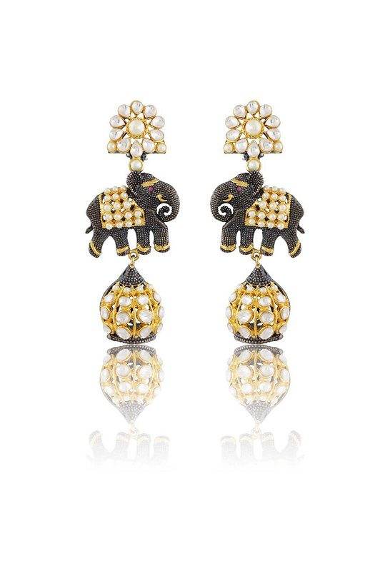 Pearl Elephant Design Drop Earrings with Antique Finish - Auraa Trends