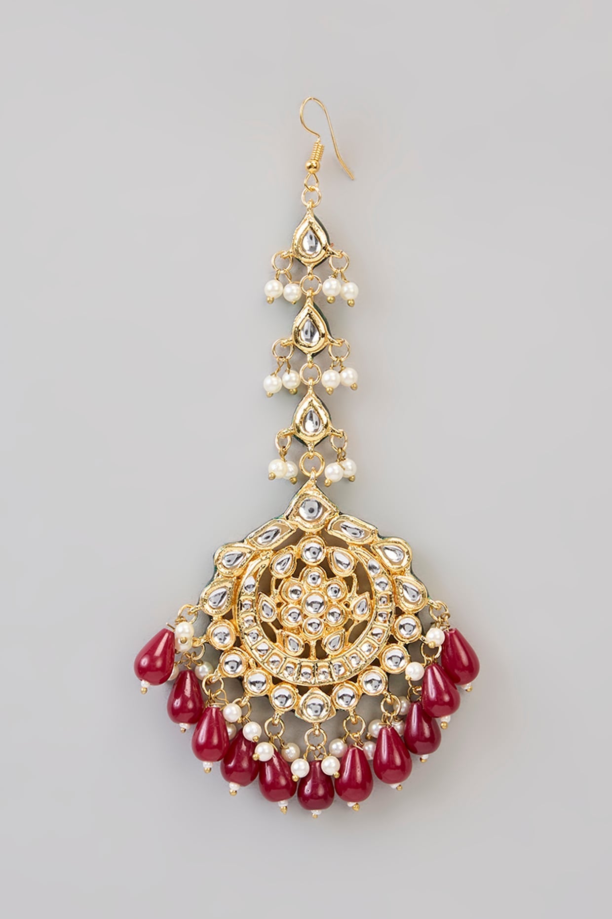 Plated Gold and Red Maangtikka with Pearl and Stone - Auraa Trends - Maangtika - # - Auraa Trends - Plated Gold and Red Maangtikka with Pearl and Stone