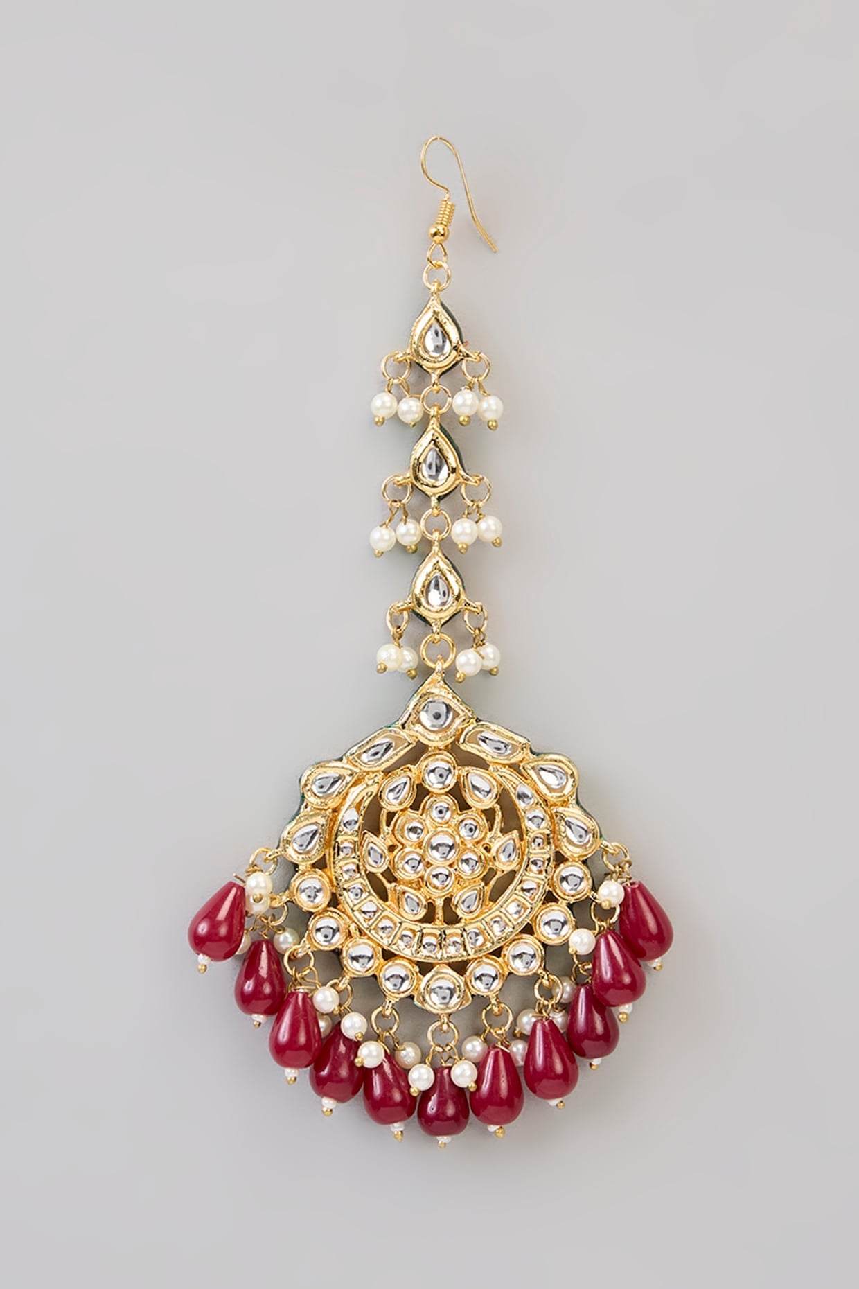 Plated Gold and Red Maangtikka with Pearl and Stone - Auraa Trends