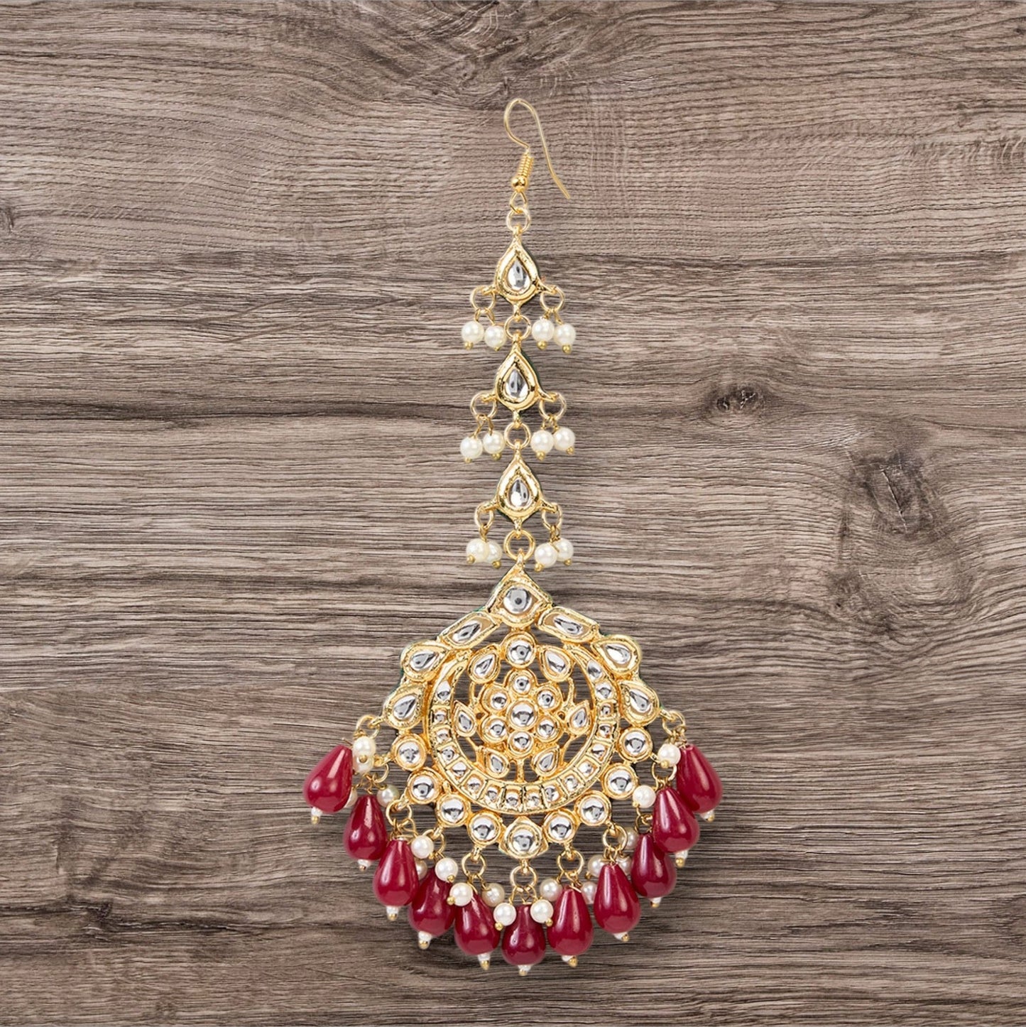 Plated Gold and Red Maangtikka with Pearl and Stone - Auraa Trends - Maangtika - # - Auraa Trends - Plated Gold and Red Maangtikka with Pearl and Stone