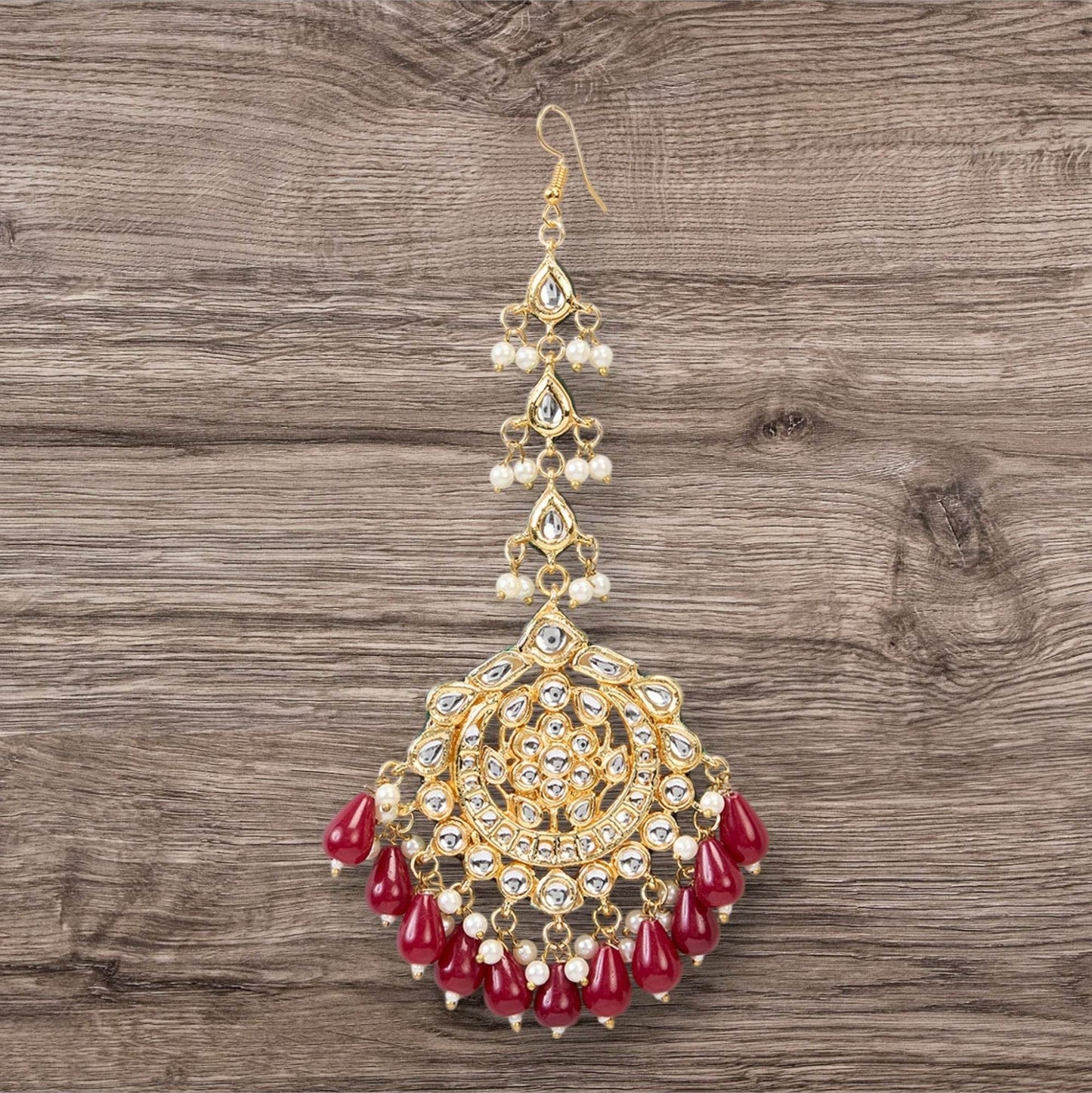 Plated Gold and Red Maangtikka with Pearl and Stone - Auraa Trends