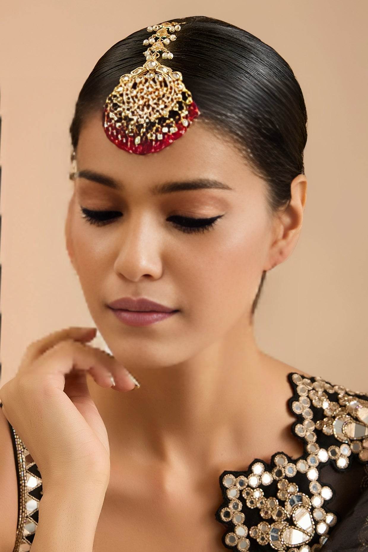 Plated Gold and Red Maangtikka with Pearl and Stone - Auraa Trends