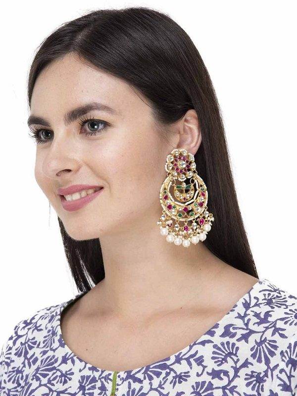 Polki Chandelier Earrings with Multicolor Stones and Pearl Drops - Auraa Trends