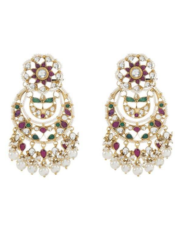 Polki Chandelier Earrings with Multicolor Stones and Pearl Drops - Auraa Trends