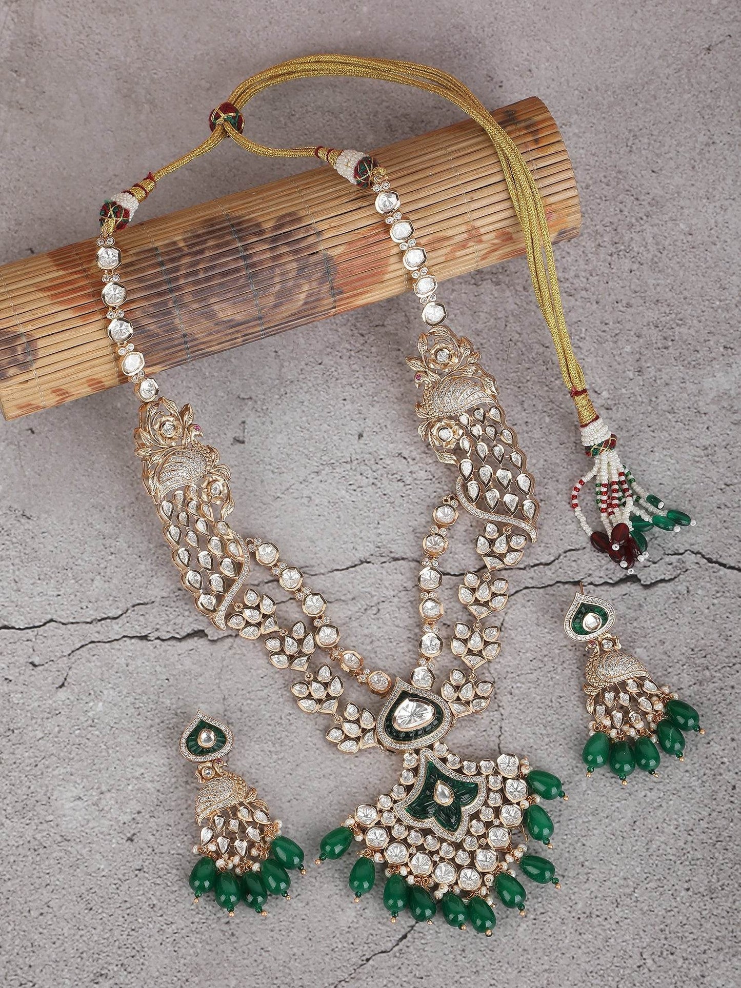 Polki & Green Jade Tumbles Bridal Necklace Set - Auraa Trends
