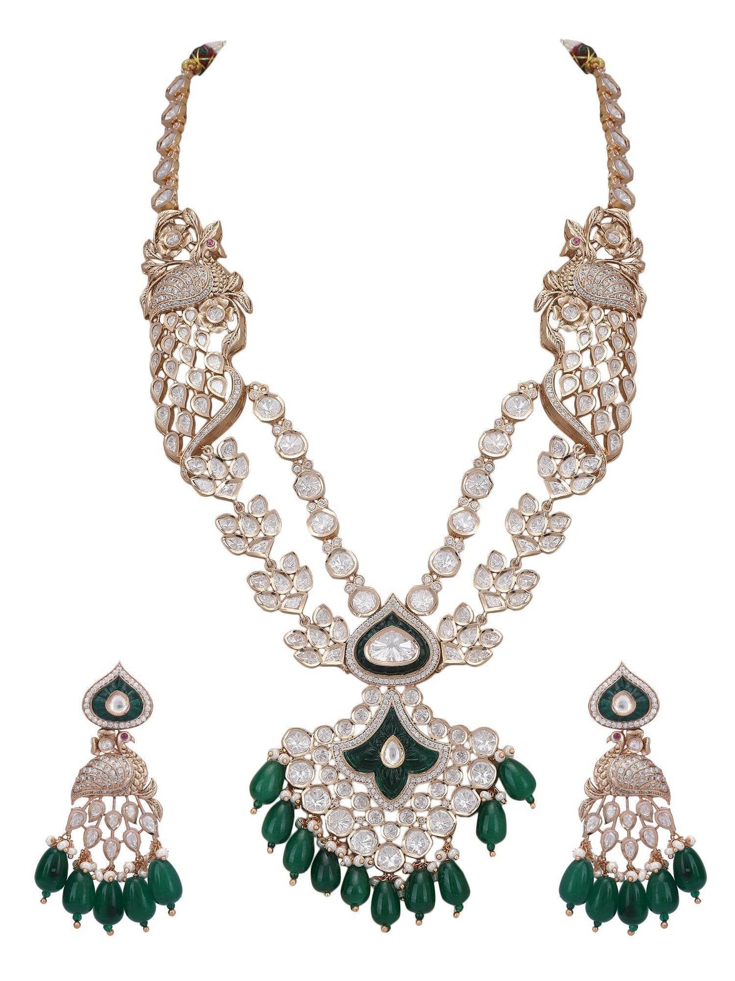 Polki & Green Jade Tumbles Bridal Necklace Set - Auraa Trends