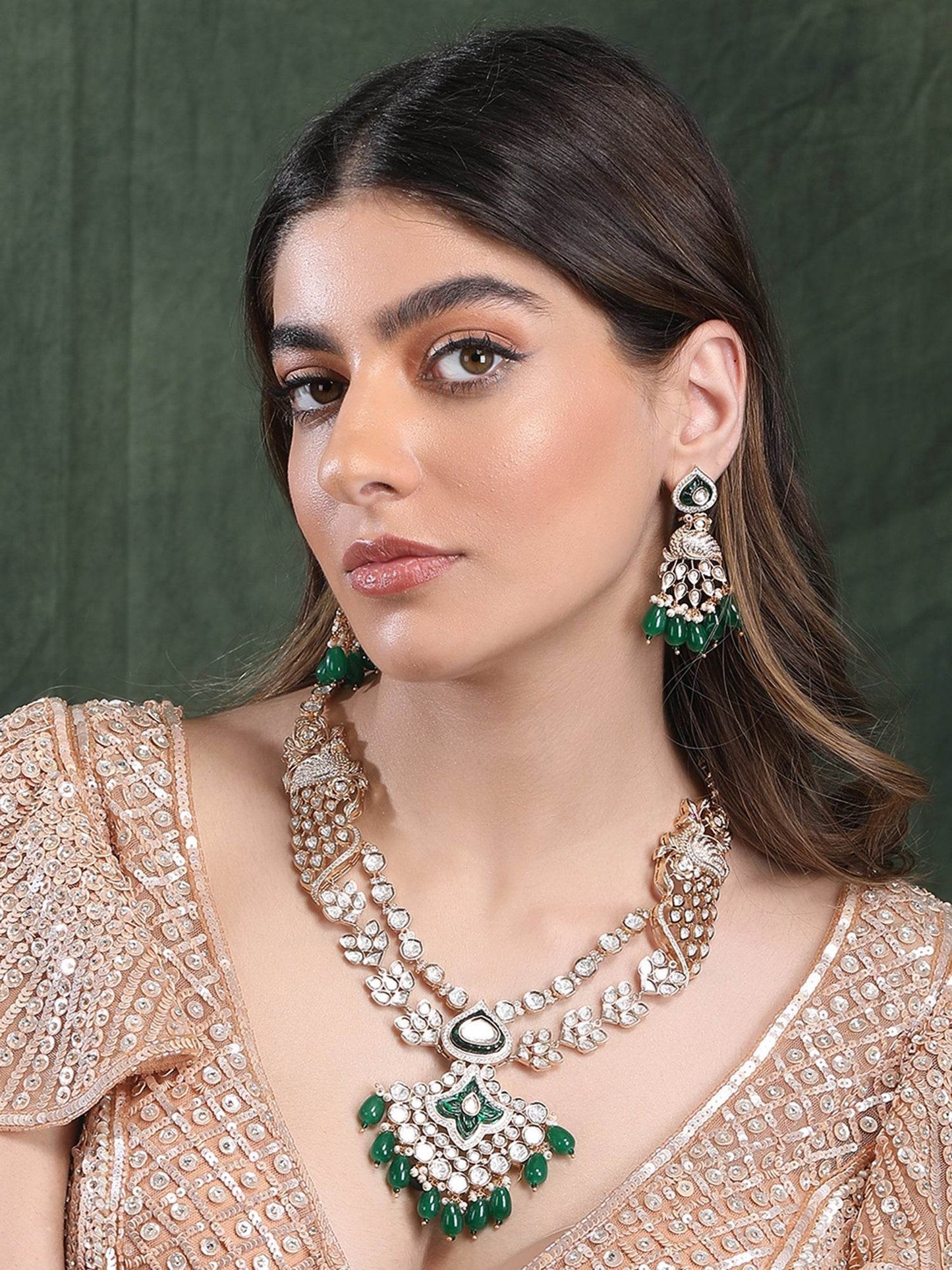 Polki & Green Jade Tumbles Bridal Necklace Set - Auraa Trends