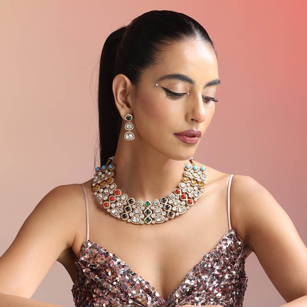 Polki Kundan Multicolor Choker Necklace Set along with coordinating Earrings - Auraa Trends