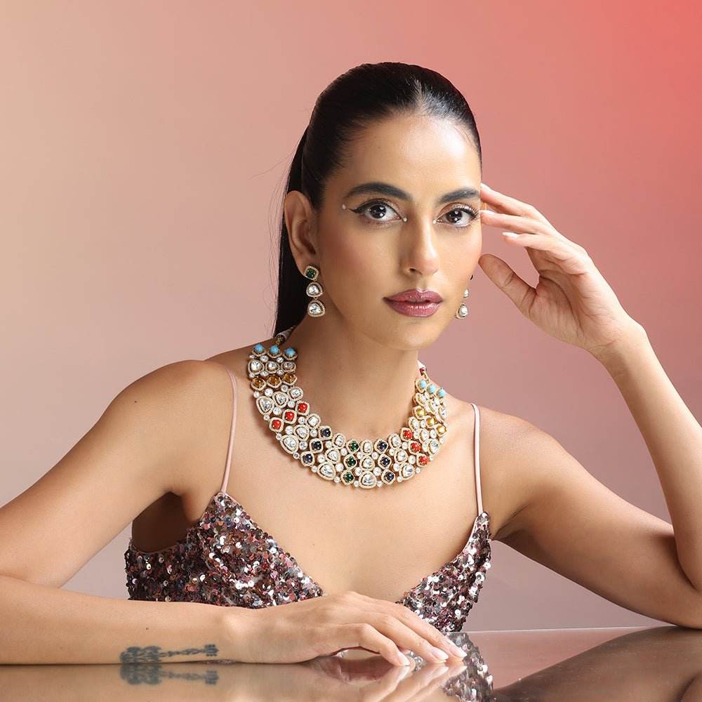 Polki Kundan Multicolor Choker Necklace Set along with coordinating Earrings - Auraa Trends