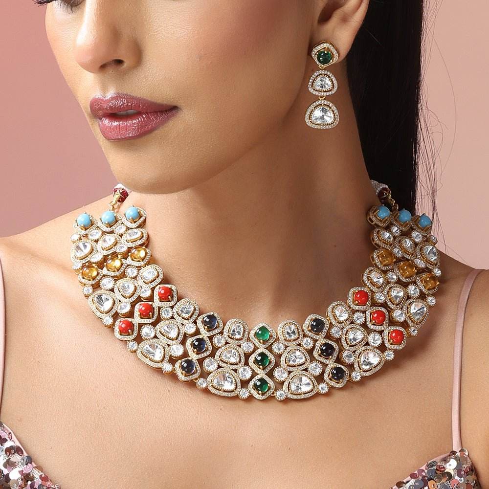 Polki Kundan Multicolor Choker Necklace Set along with coordinating Earrings - Auraa Trends