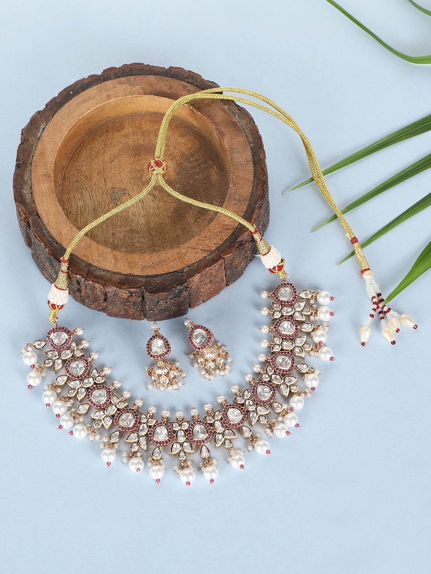 Polki Kundan Multilayer Necklace Set with Green Enamel Accents - Auraa Trends
