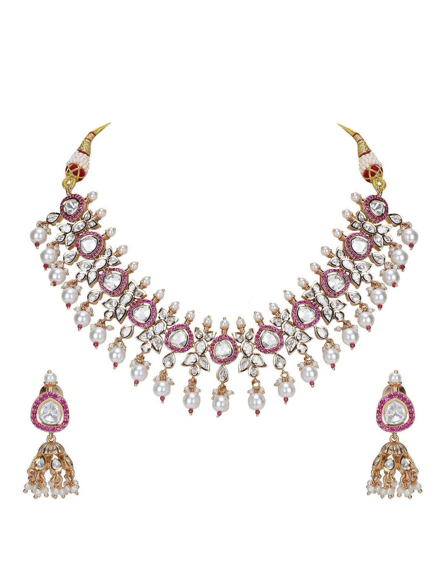 Polki Kundan Multilayer Necklace Set with Green Enamel Accents - Auraa Trends