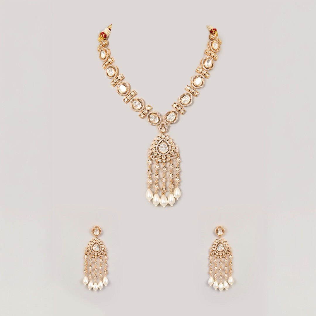 Polki Kundan Pearl Drop Necklace Set. - Auraa Trends - necklace - # - Auraa Trends - Polki Kundan Pearl Drop Necklace Set.