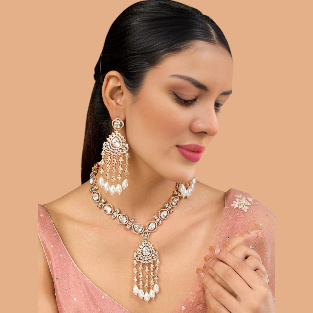 Polki Kundan Pearl Drop Necklace Set. - Auraa Trends - necklace - # - Auraa Trends - Polki Kundan Pearl Drop Necklace Set.