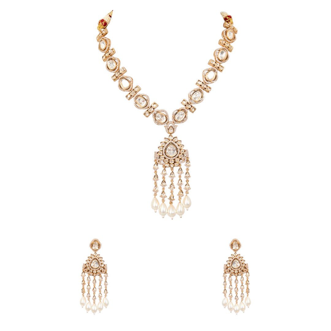 Polki Kundan Pearl Drop Necklace Set. - Auraa Trends - necklace - # - Auraa Trends - Polki Kundan Pearl Drop Necklace Set.