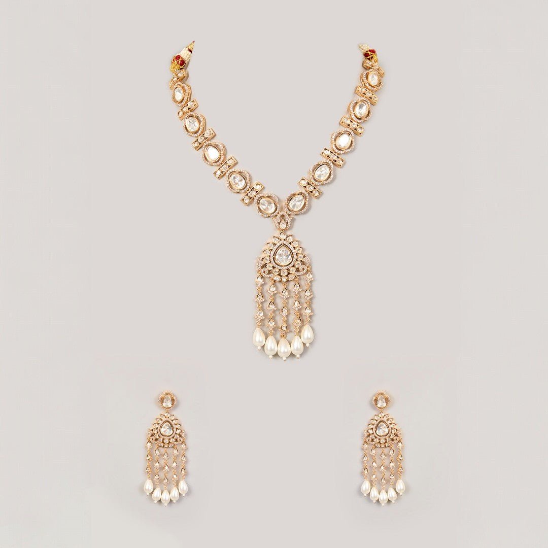 Polki Kundan Pearl Drop Necklace Set. - Auraa Trends - necklace - # - Auraa Trends - Polki Kundan Pearl Drop Necklace Set.
