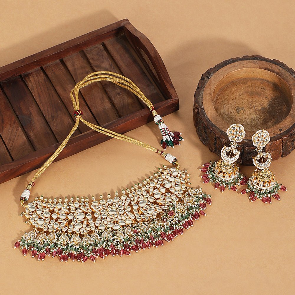 Polki necklace set with matching earrings - Auraa Trends - Necklace Set - Polki necklace set with matching earrings