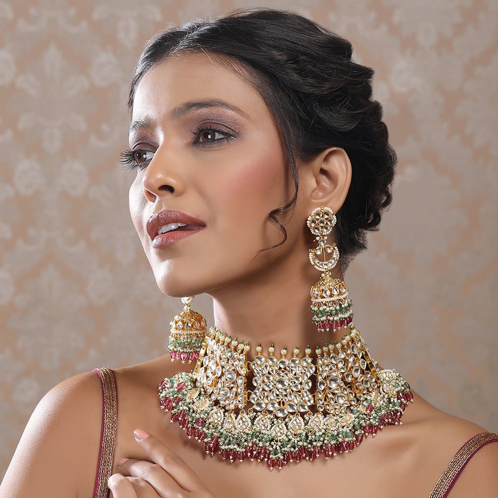 Polki necklace set with matching earrings - Auraa Trends - Necklace Set - Buy Polki necklace set with matching earrings