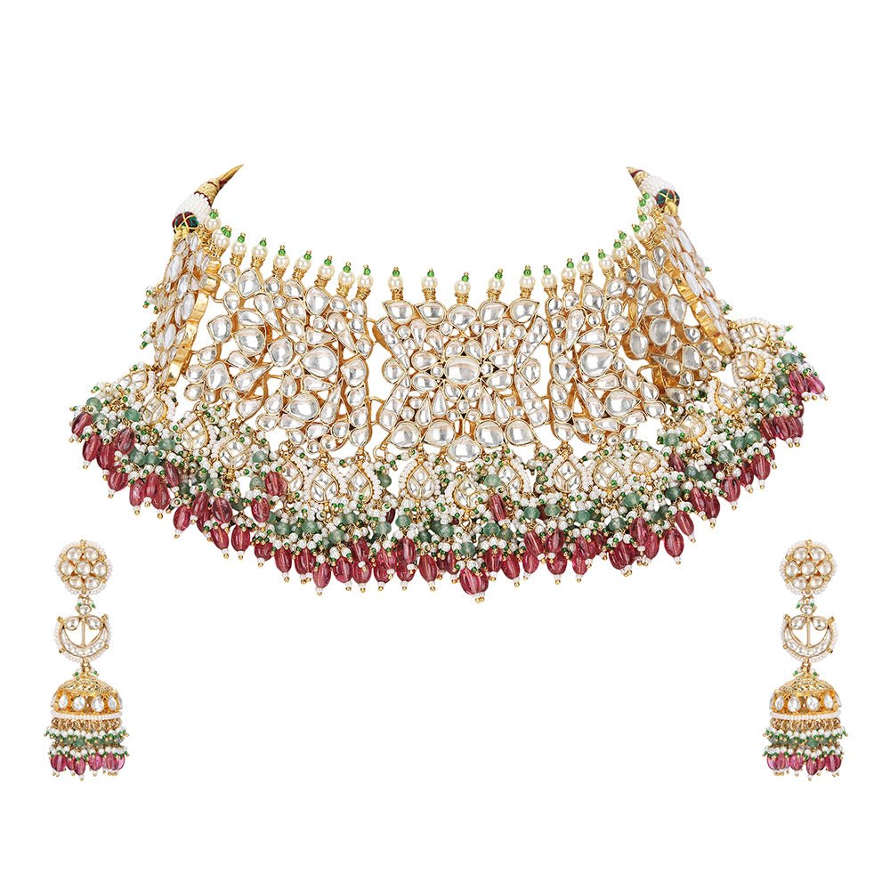 Polki necklace set with matching earrings - Auraa Trends - Polki necklace set with matching earrings Online In India