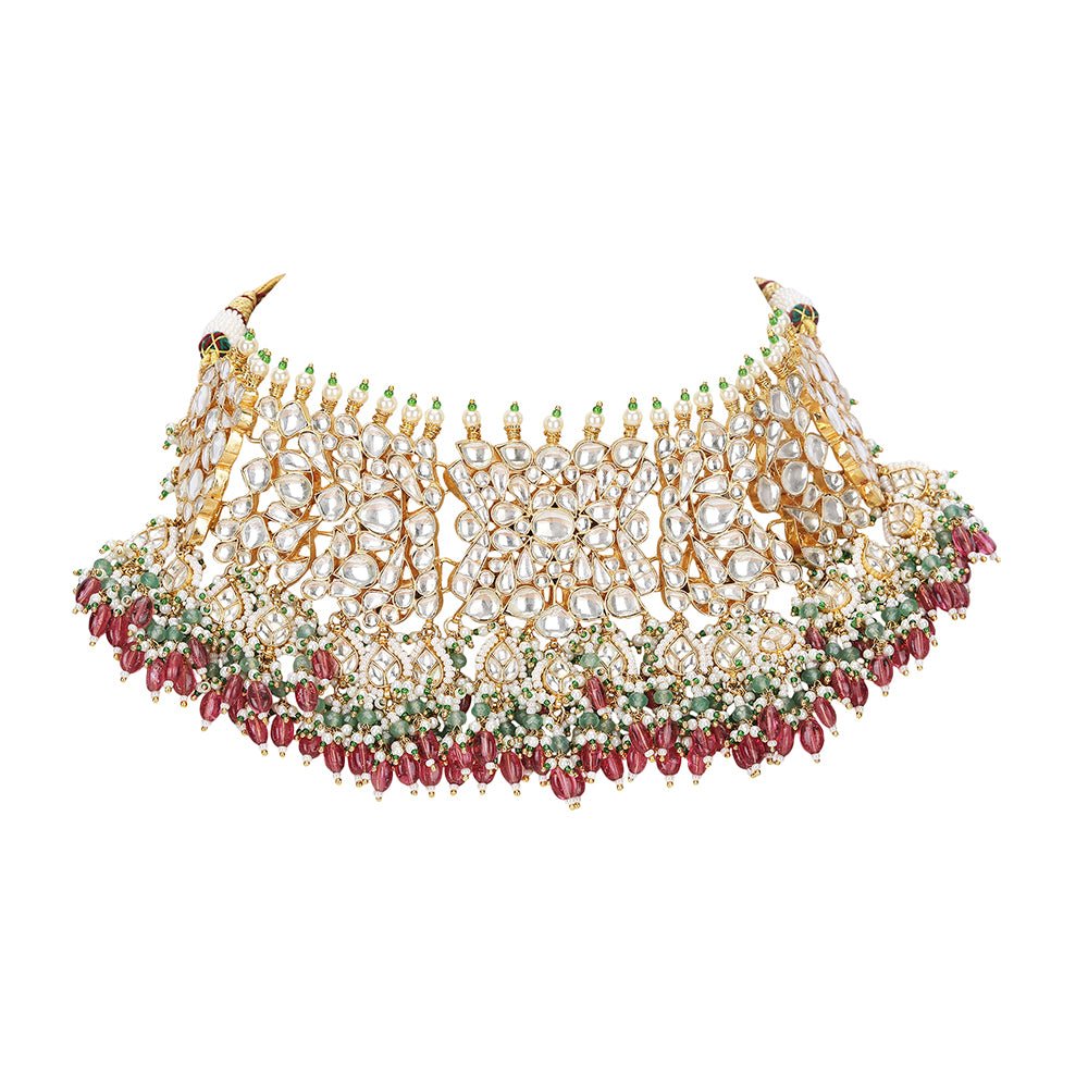 Polki necklace set with matching earrings - Auraa Trends - Necklace Set - Shop Now Polki necklace set with matching earrings