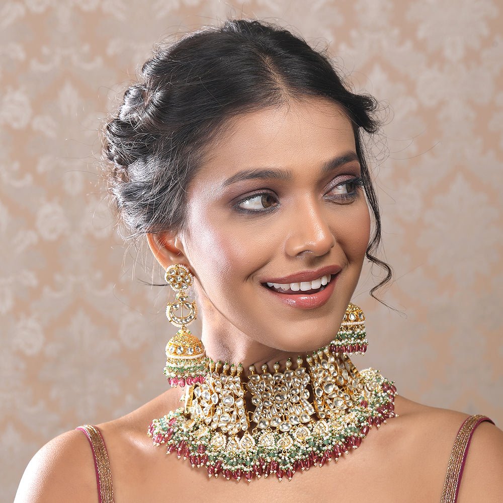 Polki necklace set with matching earrings - Auraa Trends - Necklace Set - Shop Polki necklace set with matching earrings