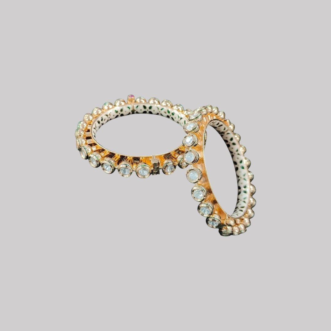 Premium Gold - Plated Openable Kundan Bangles with White Enamel Detailing for Women - Auraa Trends - Bangles - - Auraa Trends - "Gold - plated openable kundan bangles with white enamel detailing and large round stones – traditional Indian festive jewelry"