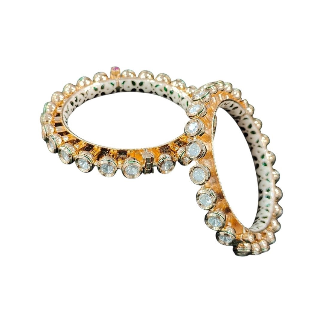 Premium Gold - Plated Openable Kundan Bangles with White Enamel Detailing for Women - Auraa Trends - Bangles - - Auraa Trends - "Gold - plated openable kundan bangles with white enamel detailing and large round stones – traditional Indian festive jewelry"