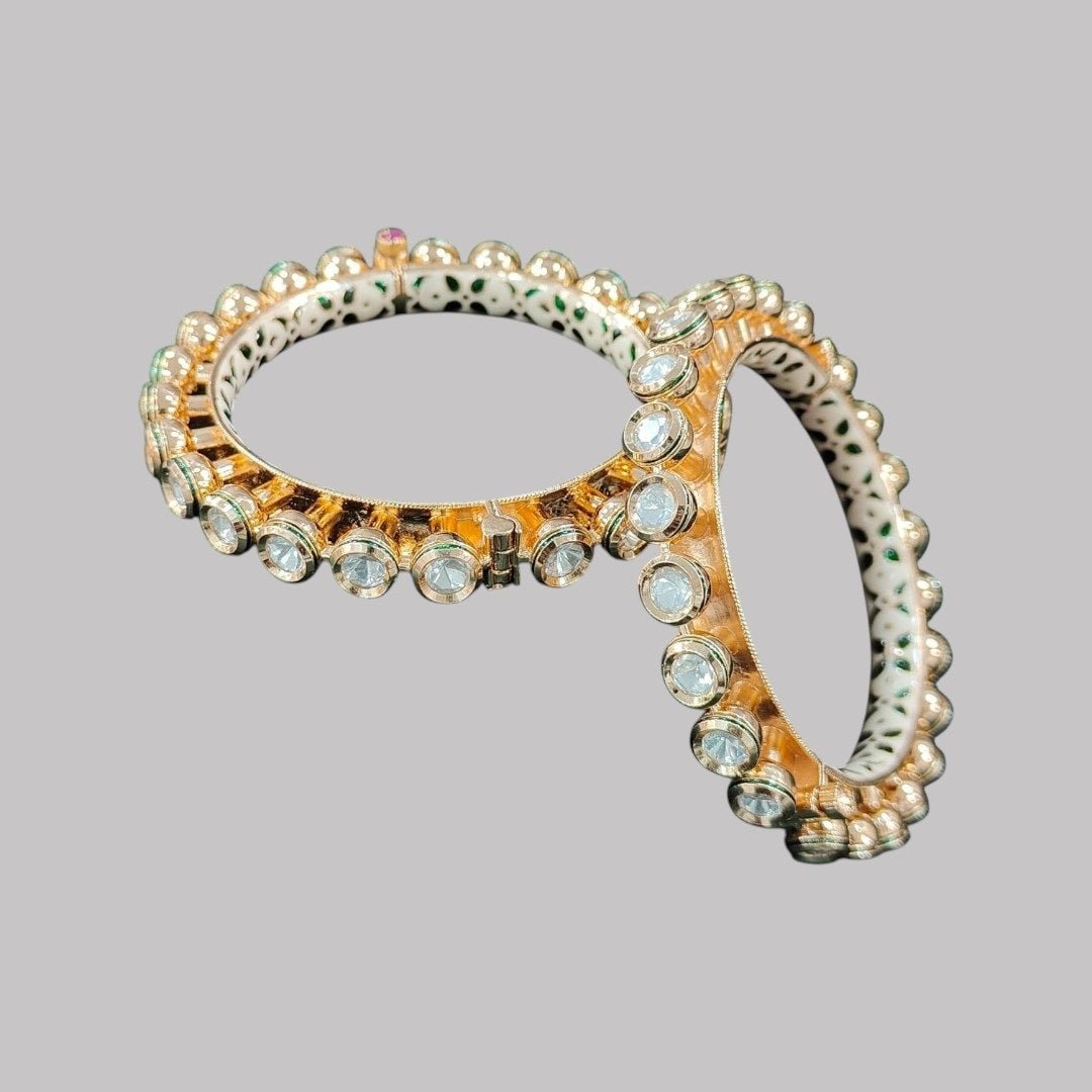 Premium Gold - Plated Openable Kundan Bangles with White Enamel Detailing for Women - Auraa Trends - Bangles - - Auraa Trends - "Gold - plated openable kundan bangles with white enamel detailing and large round stones – traditional Indian festive jewelry"