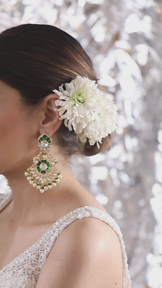 White, Gold & Green Kundan Polki Pearl Earrings