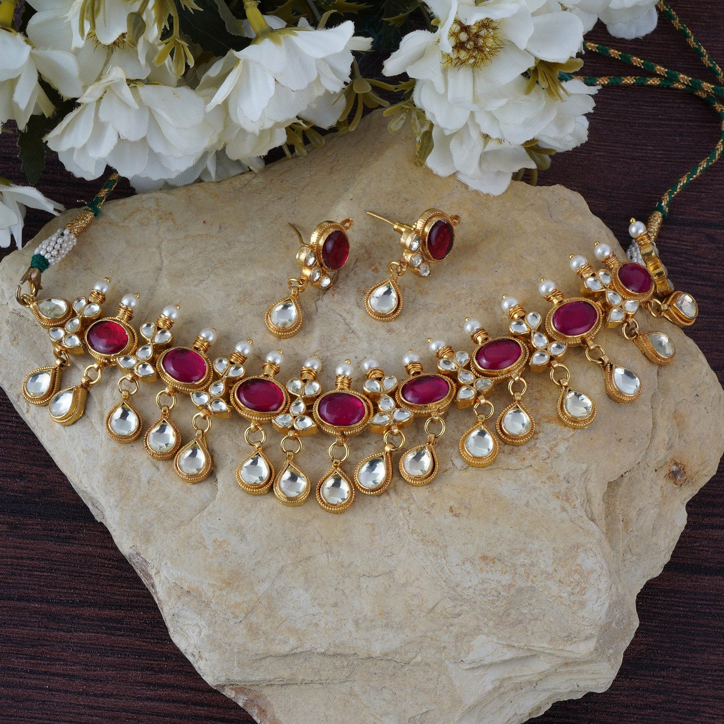 Pristine Choker Set with Red Semi Precious Stone - Auraa Trends - Necklaces Pristine Choker Set with Red Semi Precious Stone