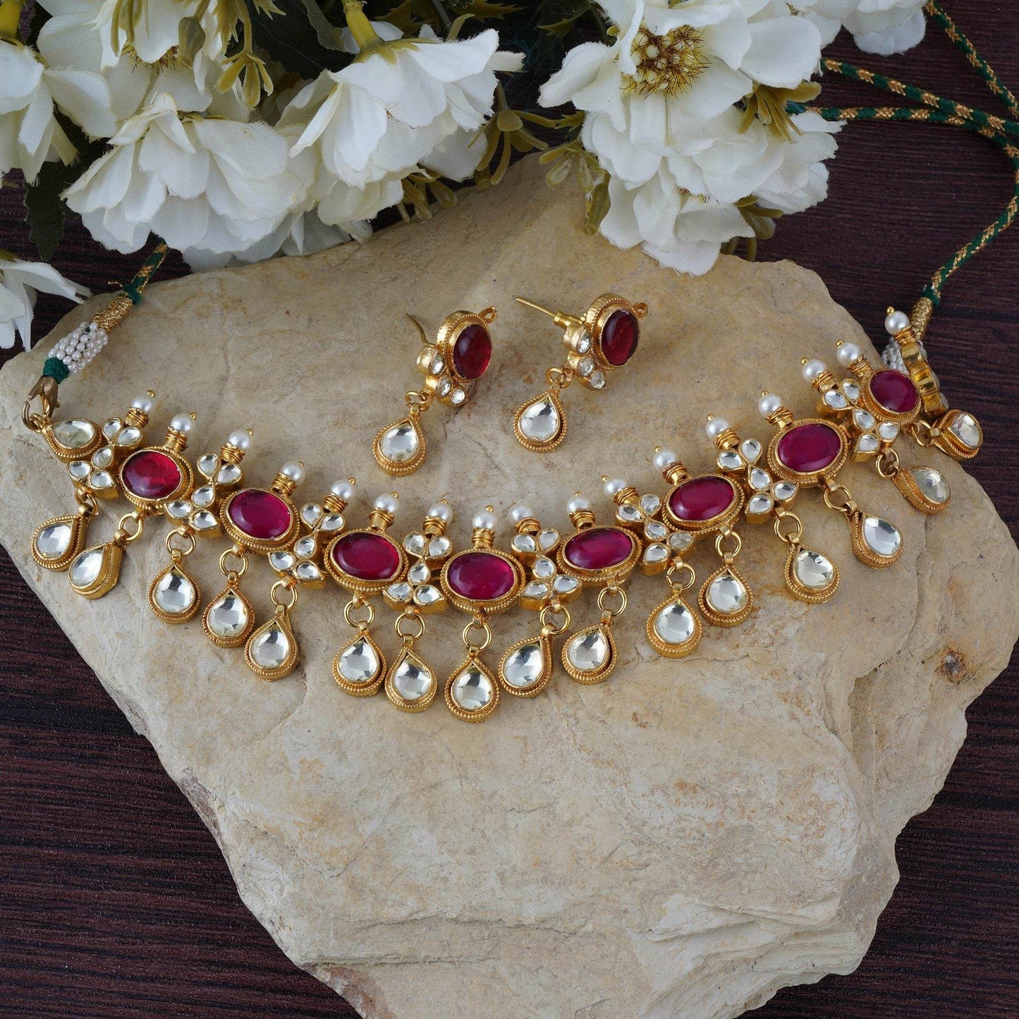 Pristine Choker Set with Red Semi Precious Stone - Auraa Trends