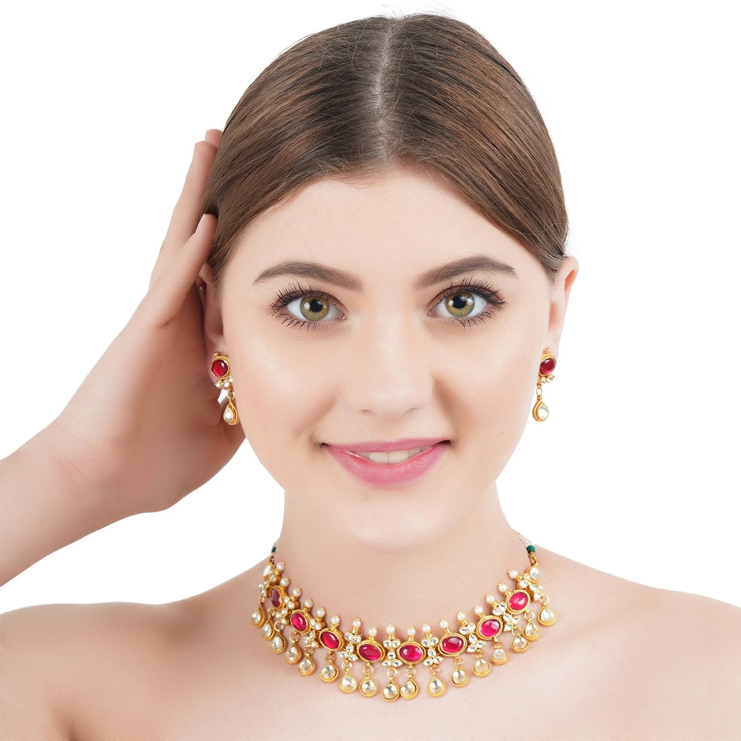 Pristine Choker Set with Red Semi Precious Stone - Auraa Trends - Necklaces Pristine Choker Set with Red Semi Precious Stone