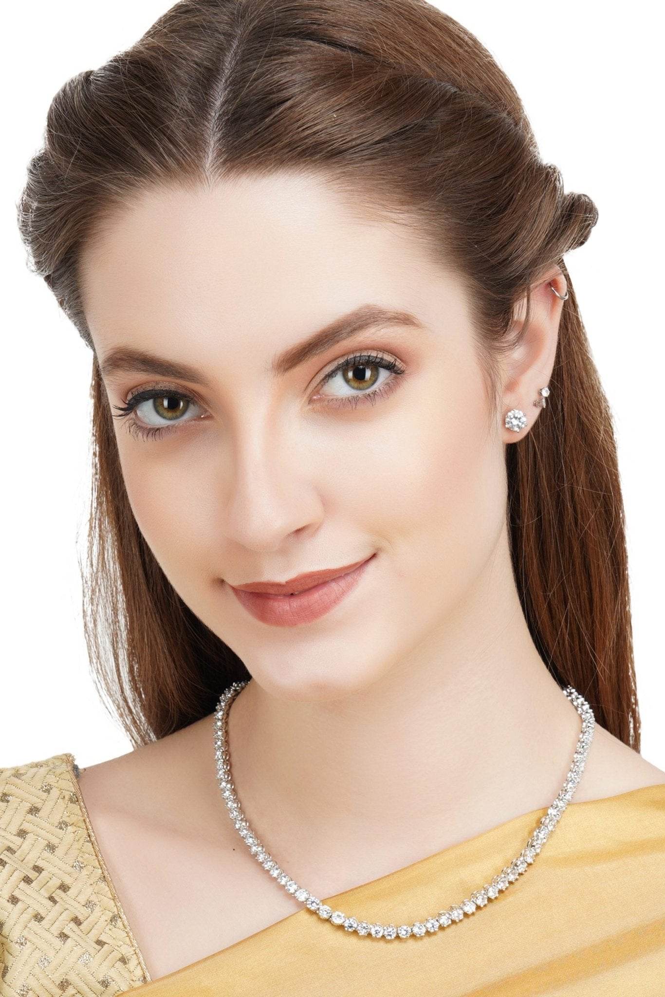 Pristine Rhodium Finish Diamond Necklace set - Auraa Trends