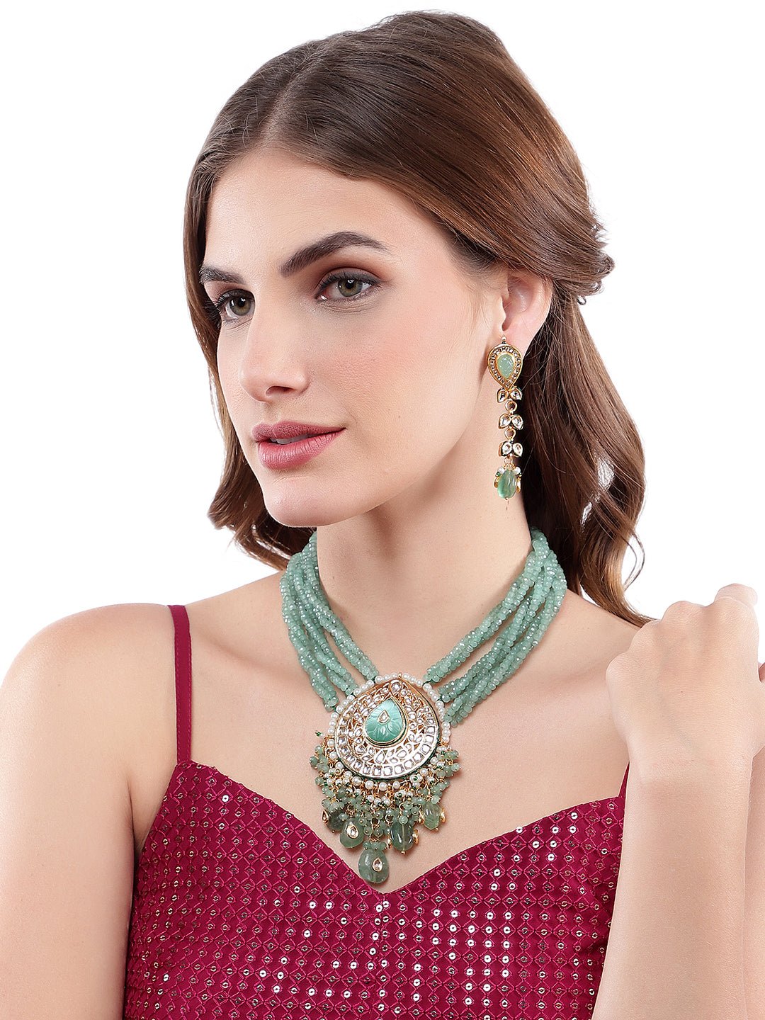 Radiant Gold Plated Turquoise Blue Kundan Traditional Choker Set - Auraa Trends - Necklaces - Handcrafted Stone Choker Set