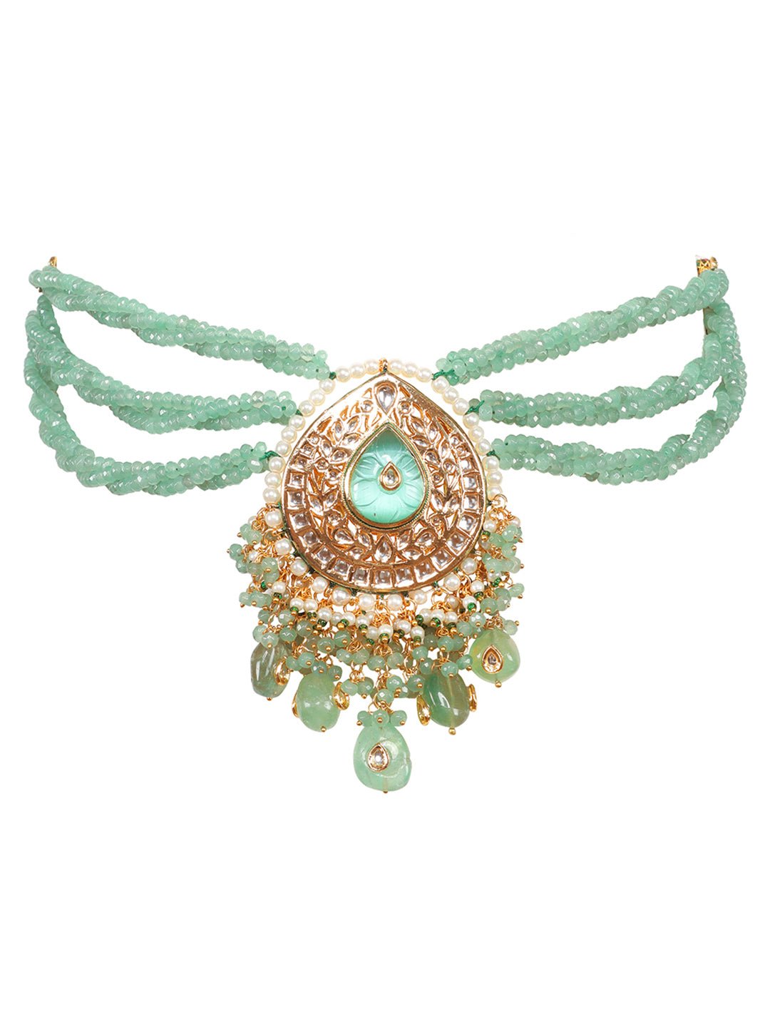 Radiant Gold Plated Turquoise Blue Kundan Traditional Choker Set - Auraa Trends - Necklaces -