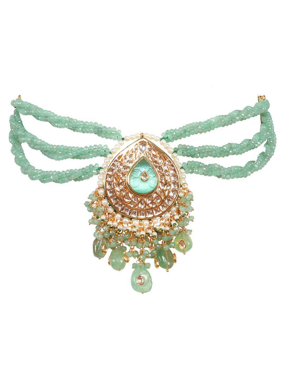 Radiant Gold Plated Turquoise Blue Kundan Traditional Choker Set - Auraa Trends