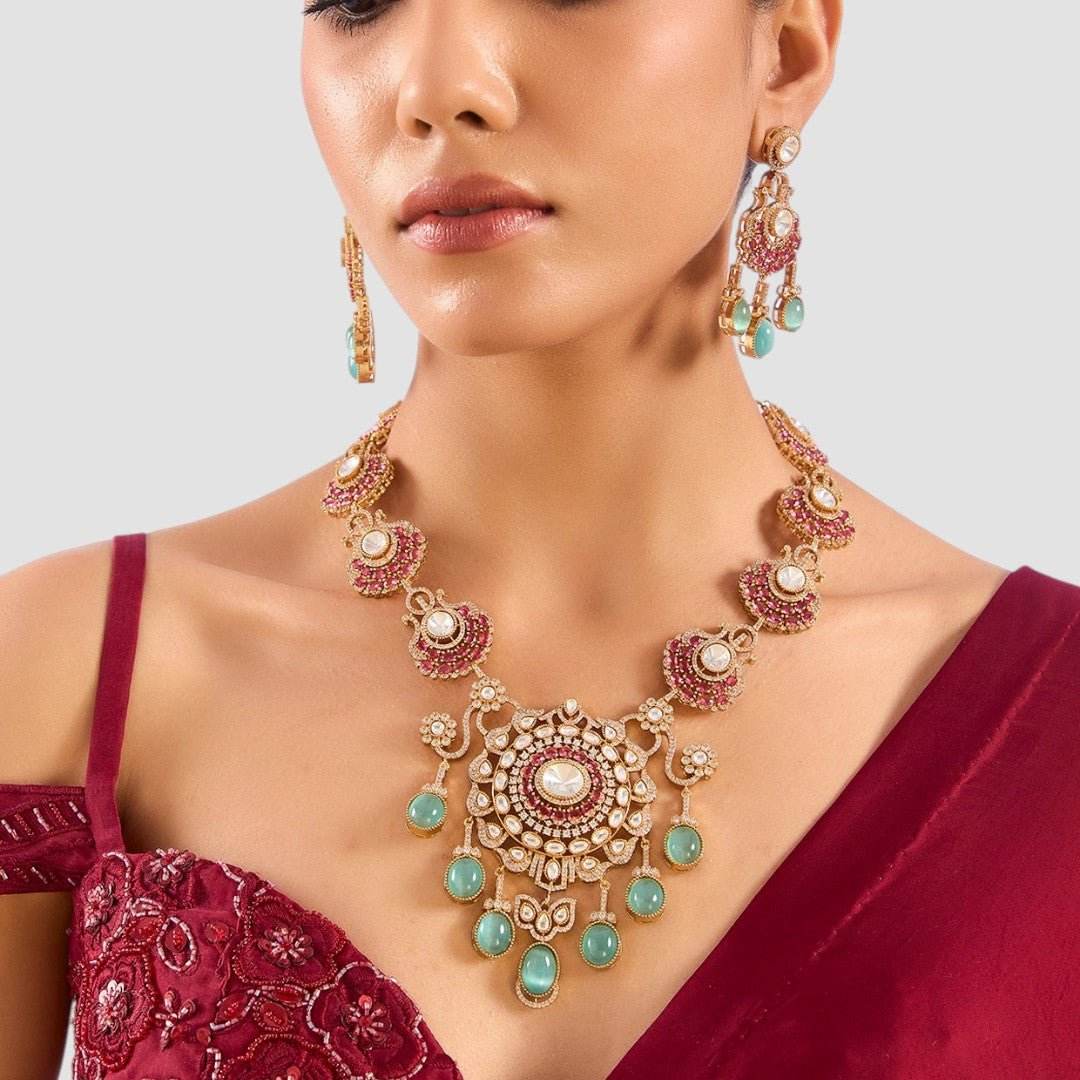 Rani Pink and Mint Green Kundan Necklace Set with Dangle Drops - Auraa Trends
