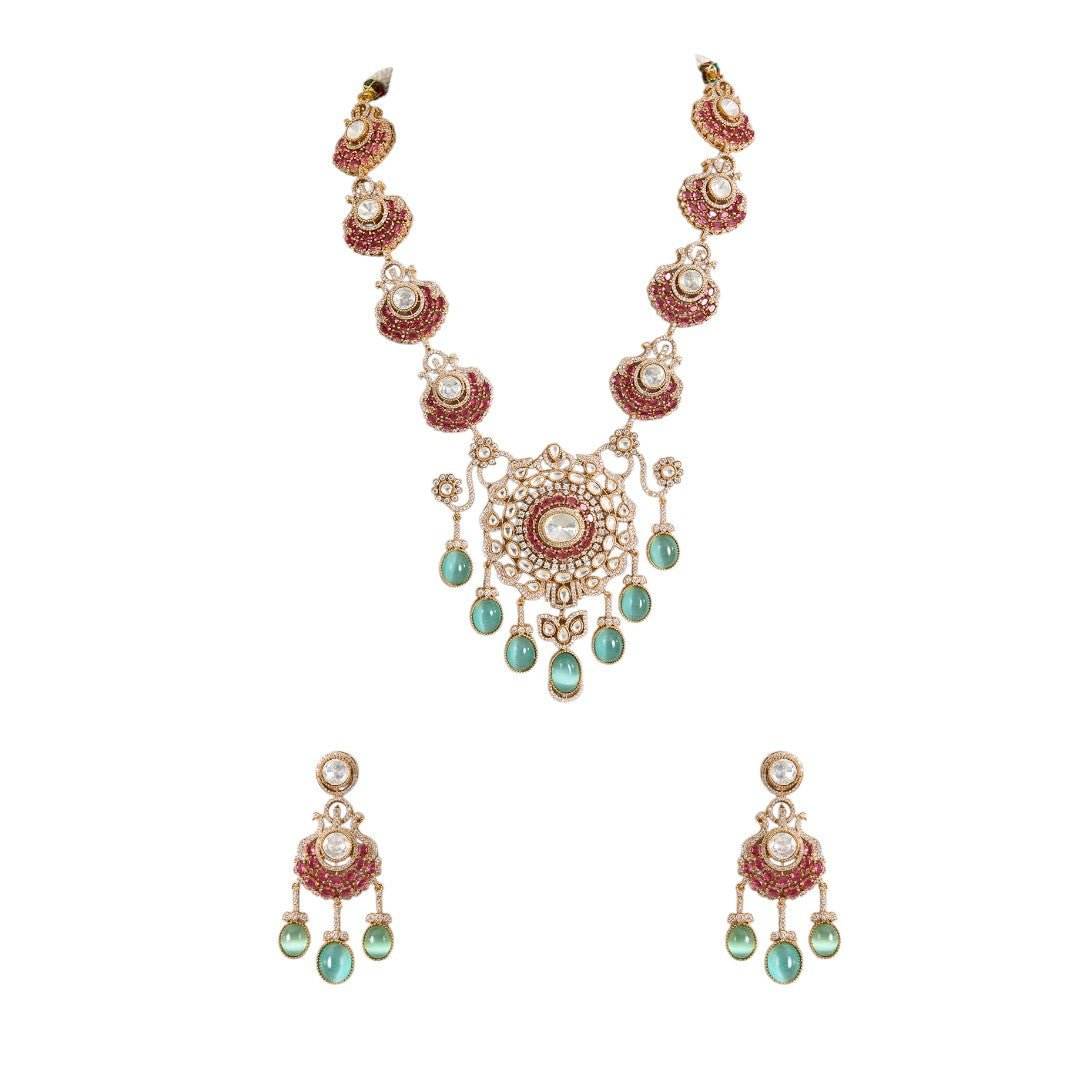 Rani Pink and Mint Green Kundan Necklace Set with Dangle Drops - Auraa Trends