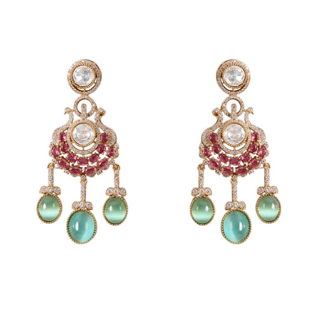 Rani Pink and Mint Green Kundan Necklace Set with Dangle Drops - Auraa Trends