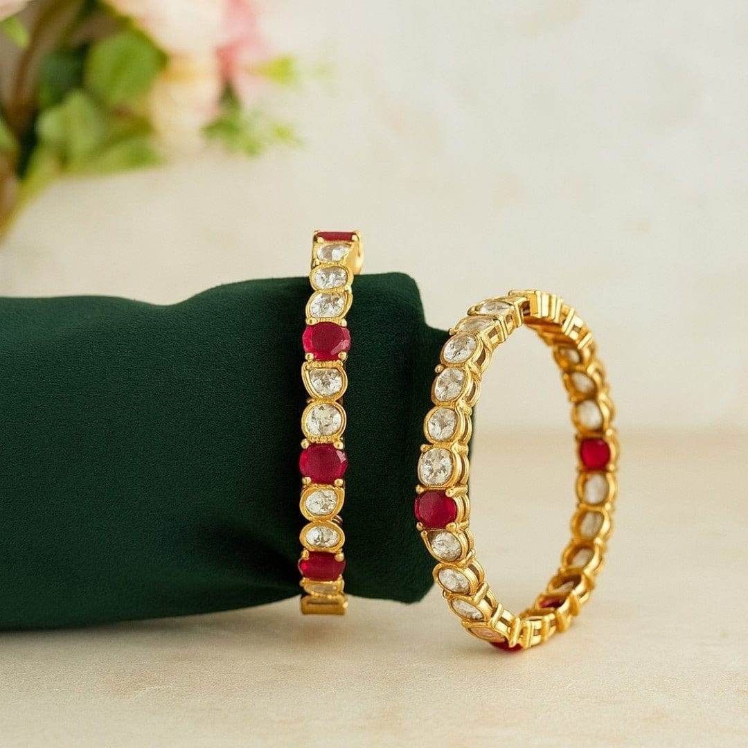 Red and White Stone Studded Gold-Plated Bangles for Women - Auraa Trends