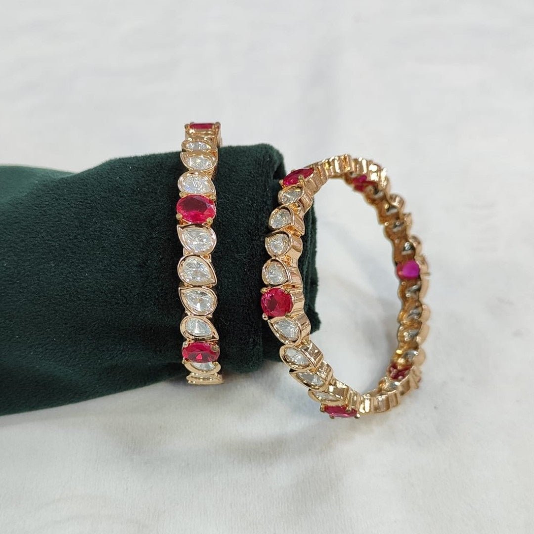 Red and White Stone Studded Gold - Plated Bangles for Women - Auraa Trends - Bangles - - Auraa Trends - "Gold - plated red and white stone - studded bangles for women โ bridal and festive jewelry set"