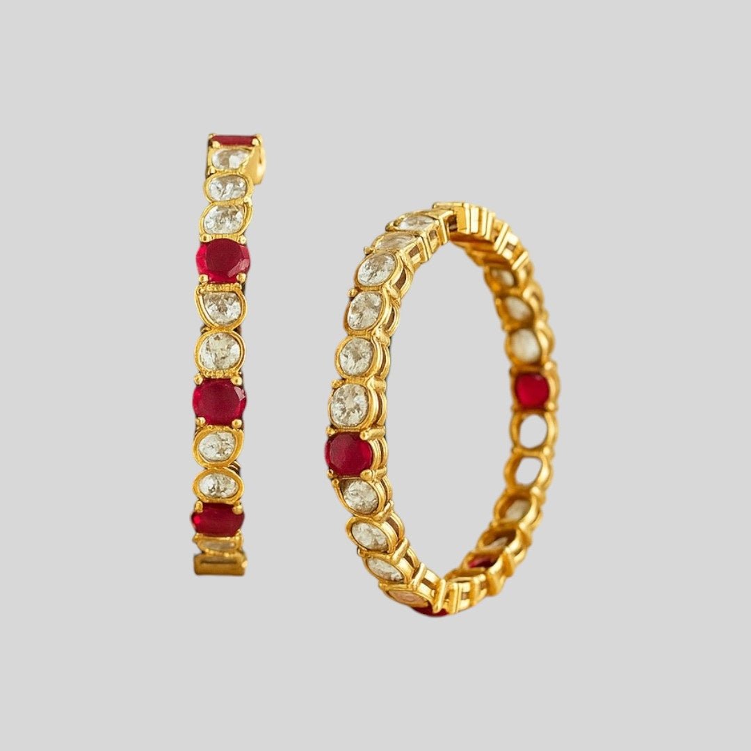 Red and White Stone Studded Gold - Plated Bangles for Women - Auraa Trends - Bangles - - Auraa Trends - "Gold - plated red and white stone - studded bangles for women โ bridal and festive jewelry set"
