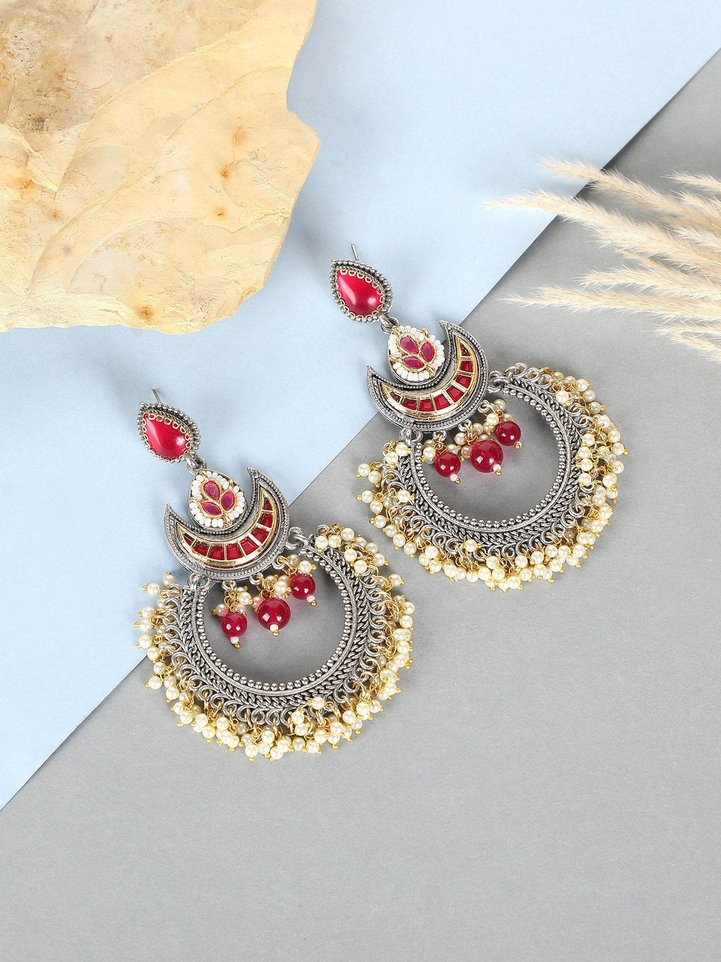 Red Crescent Oxidized Silver Hoop Earrings with Pearl Drops and Kundan Work - Auraa Trends