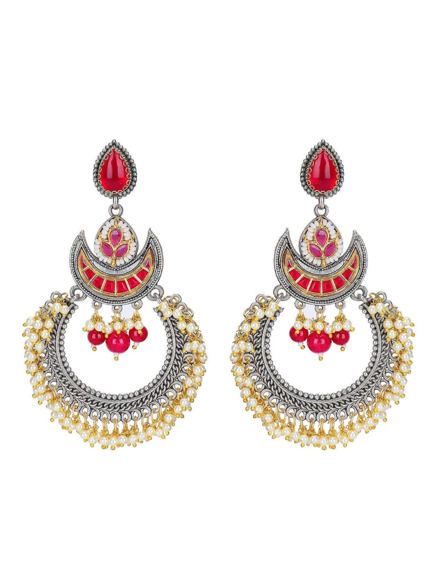 Red Crescent Oxidized Silver Hoop Earrings with Pearl Drops and Kundan Work - Auraa Trends