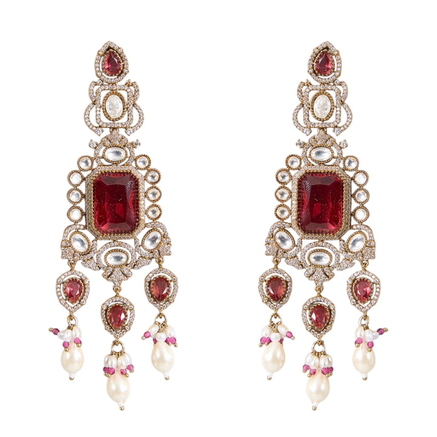 Red Kundan Pearl Choker Necklace Set with Earrings for Bridal and Traditional Wear - Auraa Trends - Necklace - - Auraa Trends - “Red kundan and pearl choker necklace with matching earrings” “Bridal antique gold choker with red stones and pearl drops” “Statement Indian wedding jewelry set with red and white kundan stones”