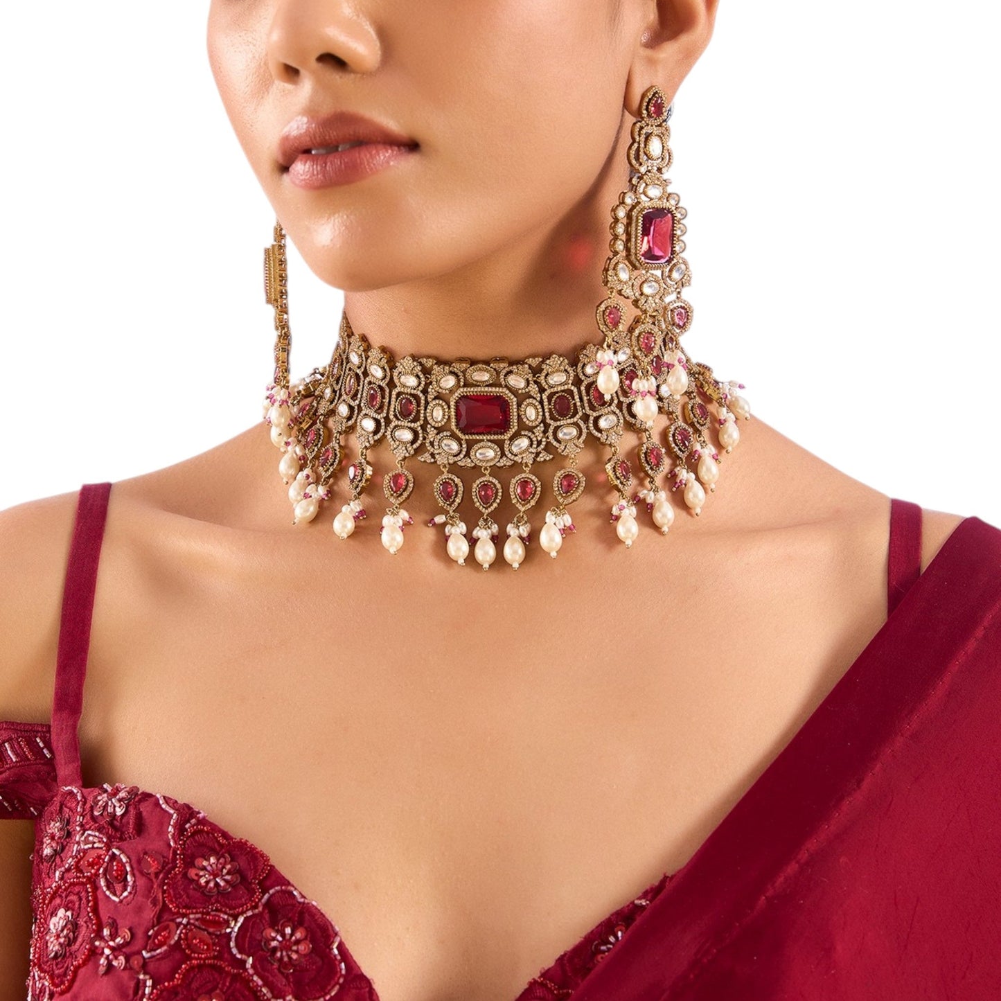Red Kundan Pearl Choker Necklace Set with Earrings for Bridal and Traditional Wear - Auraa Trends - Necklace - - Auraa Trends - “Red kundan and pearl choker necklace with matching earrings” “Bridal antique gold choker with red stones and pearl drops” “Statement Indian wedding jewelry set with red and white kundan stones”
