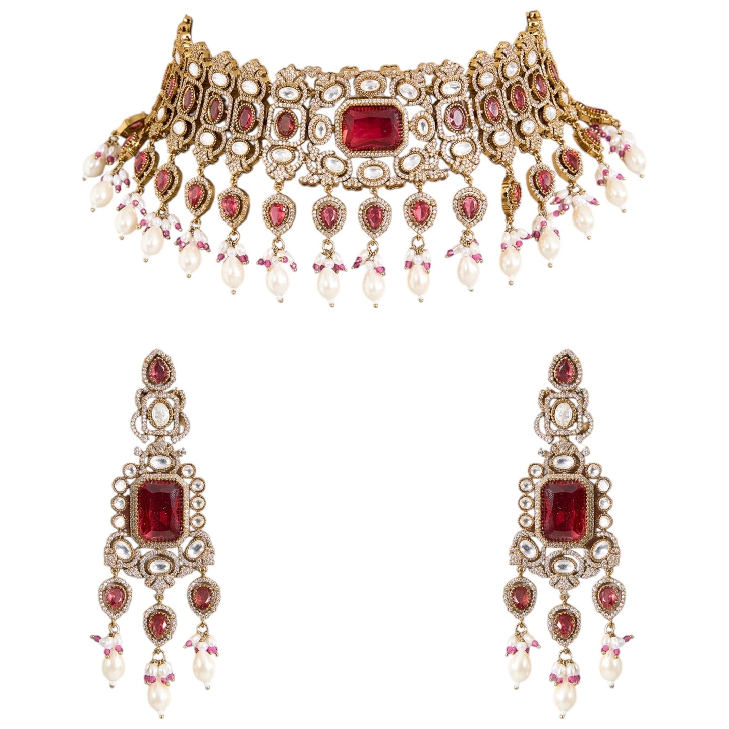 Red Kundan Pearl Choker Necklace Set with Earrings for Bridal and Traditional Wear - Auraa Trends - Necklace - - Auraa Trends - “Red kundan and pearl choker necklace with matching earrings” “Bridal antique gold choker with red stones and pearl drops” “Statement Indian wedding jewelry set with red and white kundan stones”